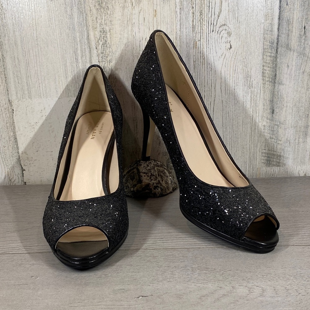 Cole Haan Davis Black Glitter Peep-Toe Heels - 9.5